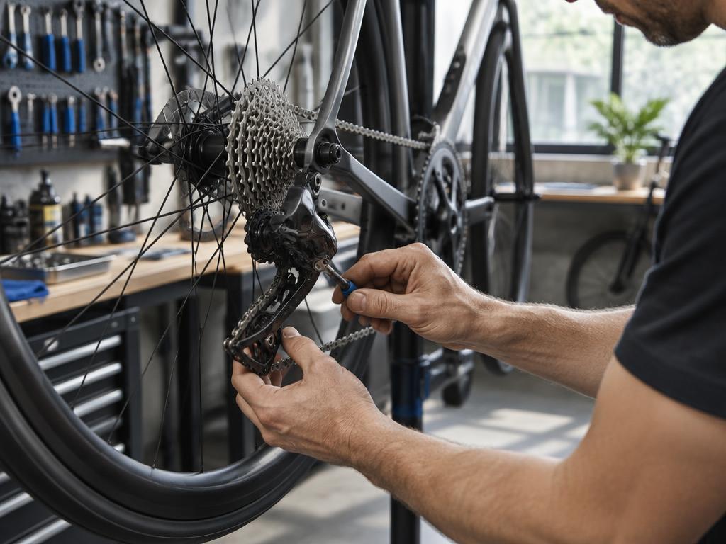 Mecánico ajustando la transmisión de una bicicleta
